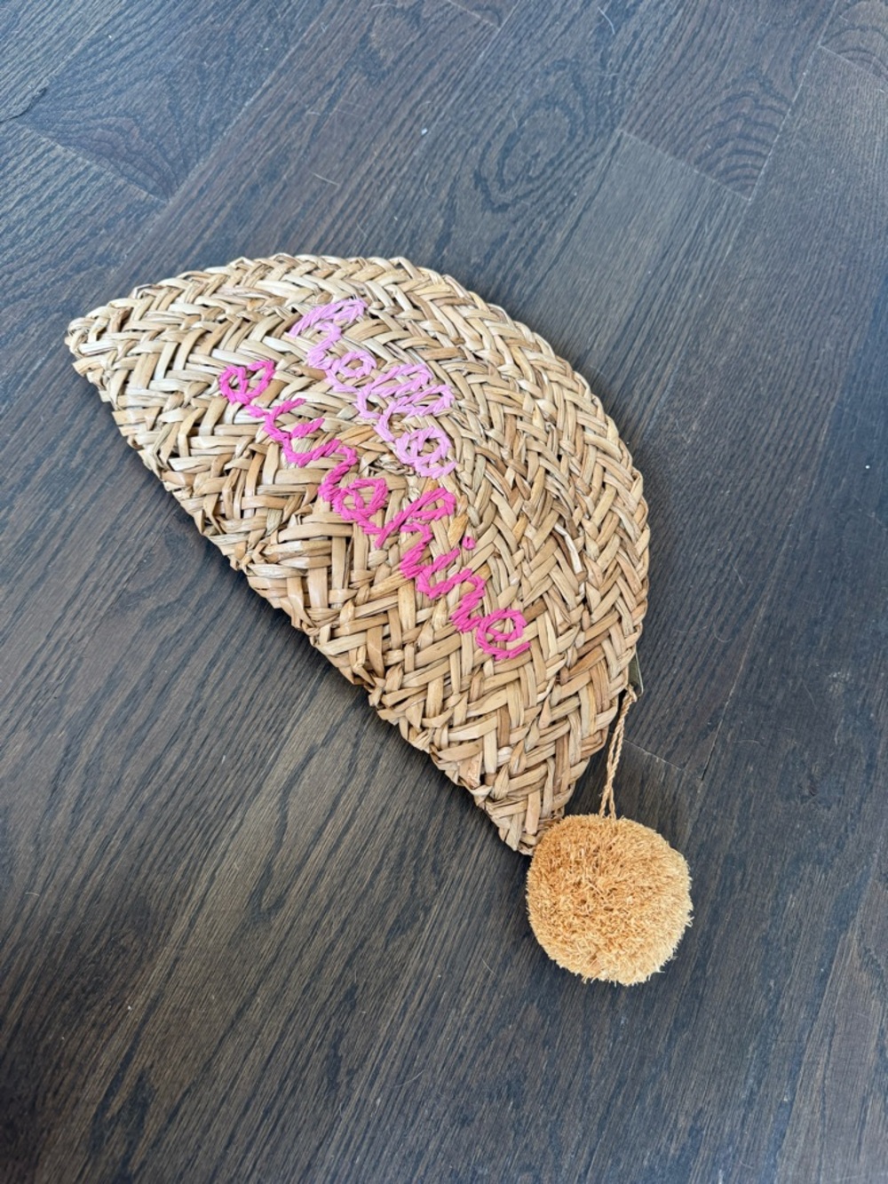 Mud Pie Woven Straw Clutch with Pink Embroidery and Tan Pom